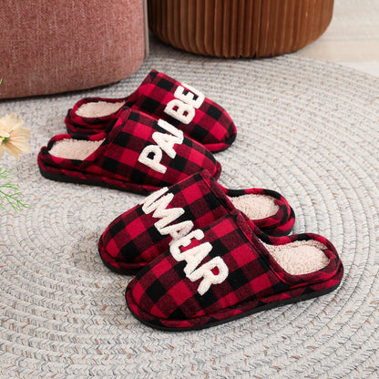 Winter Letter Embroidery Plaid Warm Indoor Slippers
