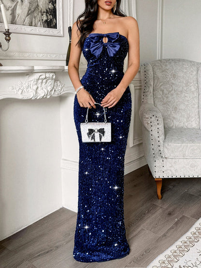 Elegant Strapless Long Dress with Sequins