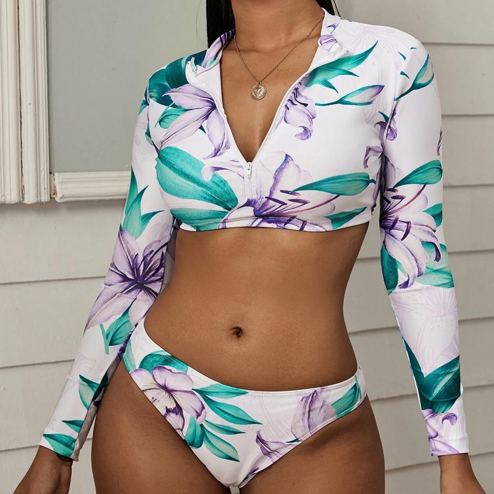 New Long-Sleeve Print Sexy Bikini Zipper Swimwear