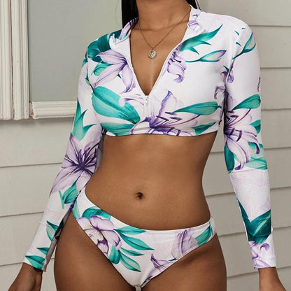 New Long-Sleeve Print Sexy Bikini Zipper Swimwear