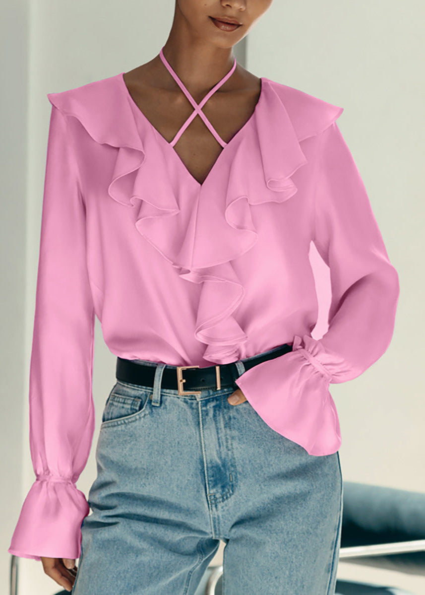 Ruffled Halter Blouse In Soft Pink Fabric