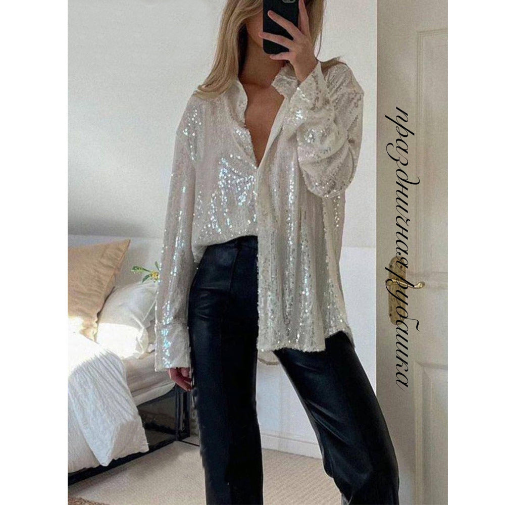 Sequin Collared Long Sleeve Shirt For Women