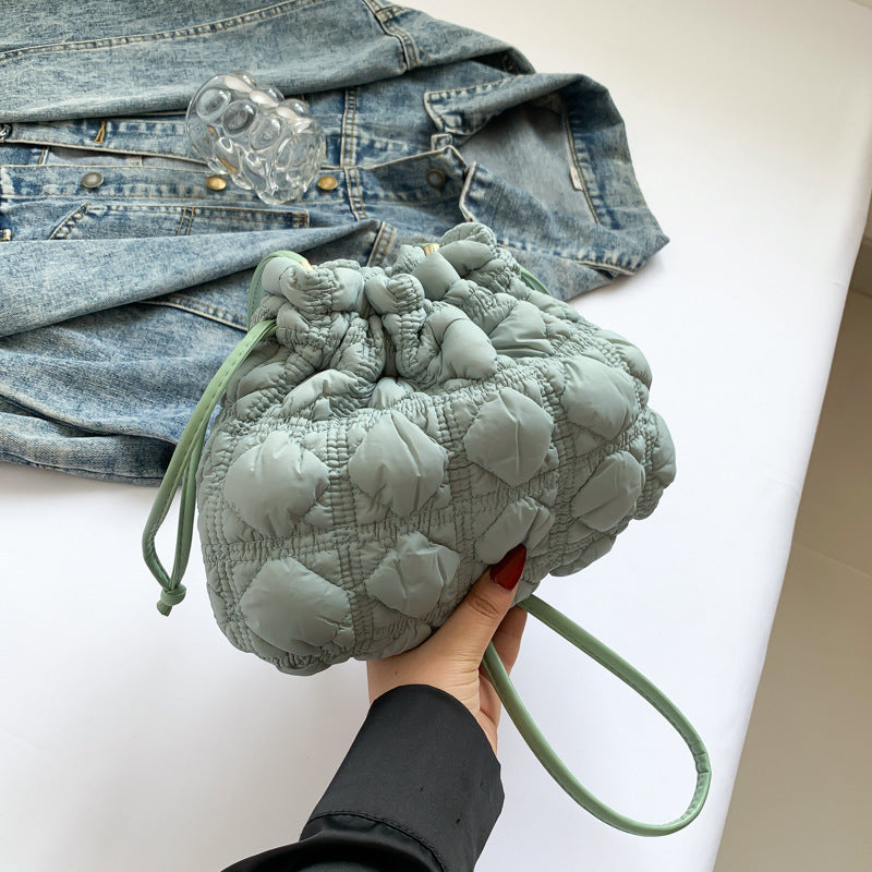 Ruffle Drawstring Bucket Bag Stylish Nylon Tote Bag