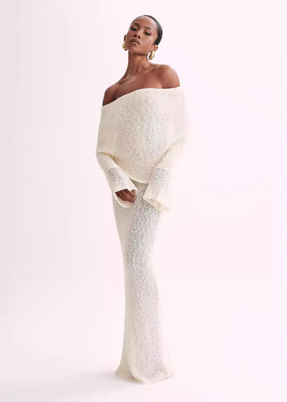 Off Shoulder Shimmer Knit Maxi Dress White