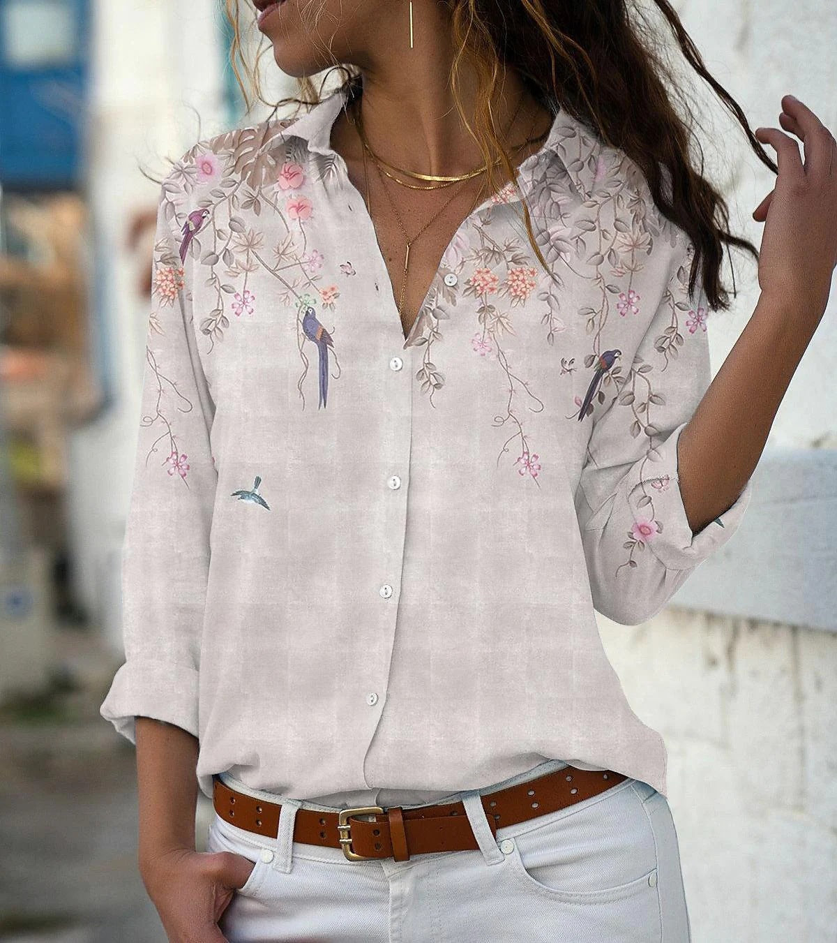 Spot Women'S Loose Collar Long Sleeved Single Breasted Shirt Temperament Lady Printed Top