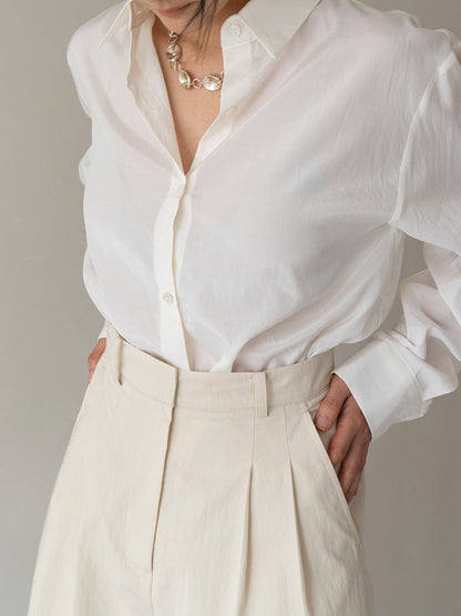 High-End Long Sleeve Tencel Cotton Shirt - Casual Elegant Blouse
