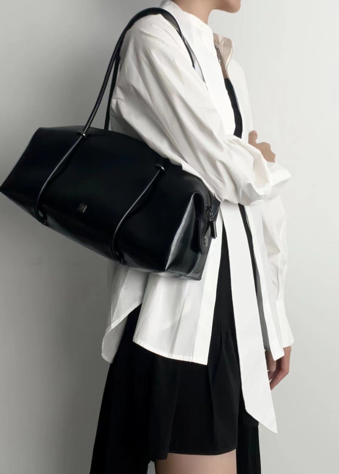Large Shoulder Tote Bag Durable Black Leather