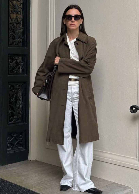 Suede Trench Coat With Tailored Fit And Classic Collar