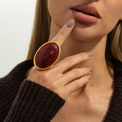 Retro Bold Red Gem Resin Ring Stylish Geometric Metal Wide Band Ring