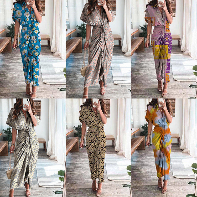Trendy V-Neck Printed Maxi Dress Elegant Commuter Style