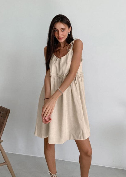 Adjustable Strap Linen Dress With Gathered Waist