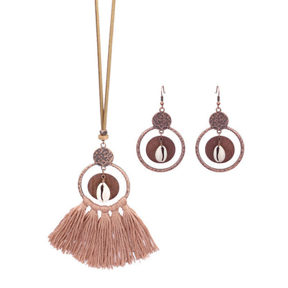 Vintage Floral Alloy Wood Pendant Necklace Set