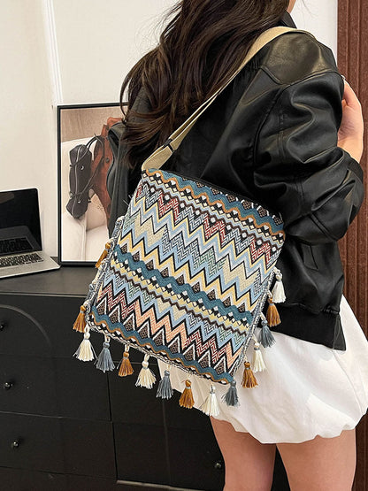 Boho Style Shoulder Bag with Fringe - Canvas Tote