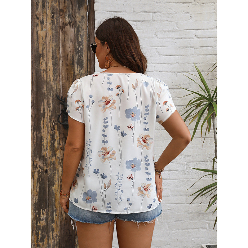 Summer V-Neck Lace Panel Printed Shirt Plus Size Women'S Fashion