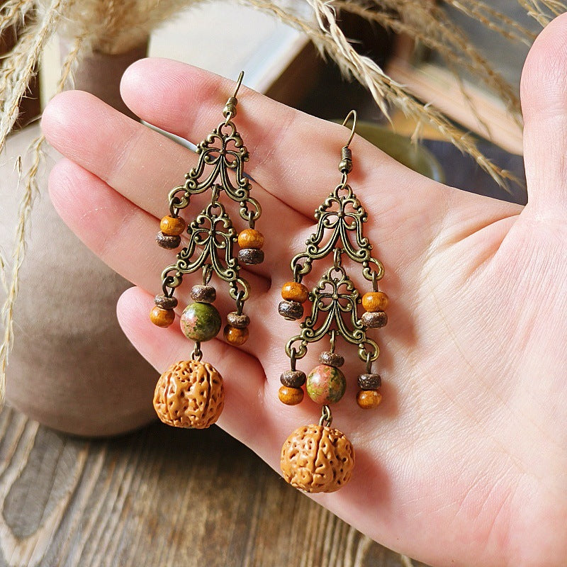 Vintage-Inspired Bohemian Hollow Bead Earrings with Natural Dried Fruits