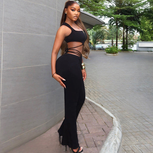 Sexy Black Sleeveless Top And High-Waisted Leggings Set