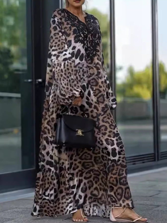 Loose Fit Leopard Print Long Sleeve Dress