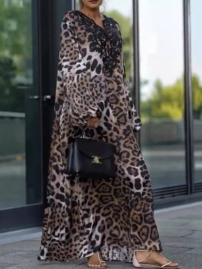 Loose Fit Leopard Print Long Sleeve Dress