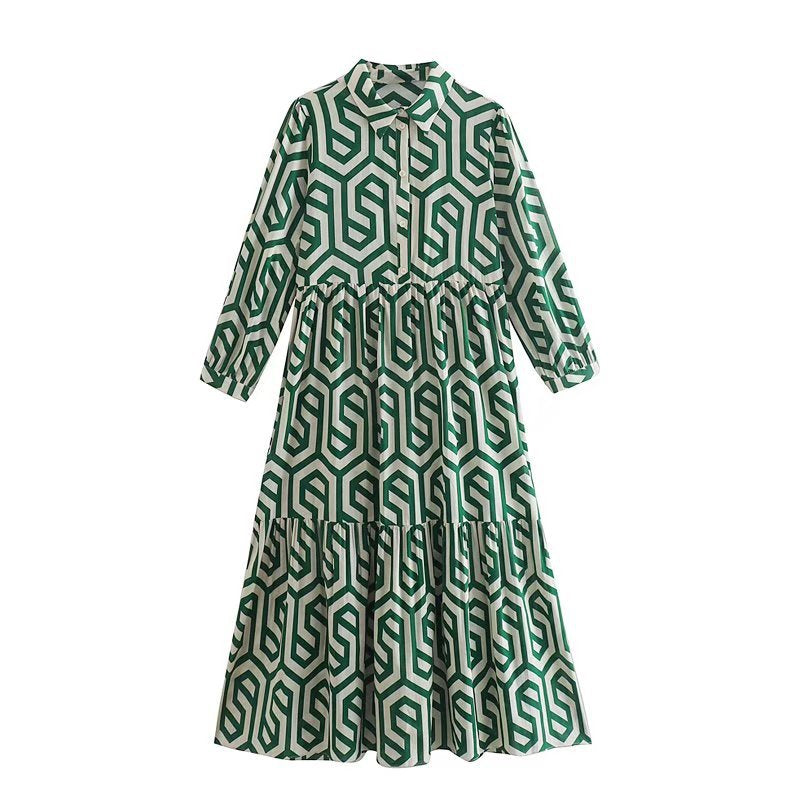 Women'S Long Sleeve Lapel Green Geometric Print Shirt Dress