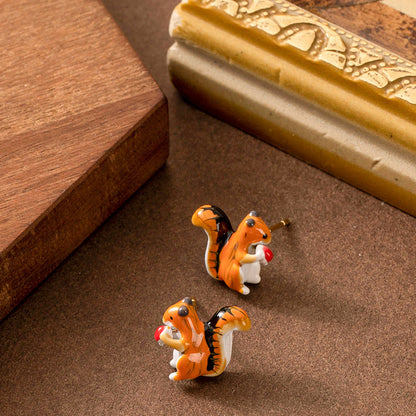 Sweet Forest-Inspired Hand-Painted Enamel Squirrel Earrings