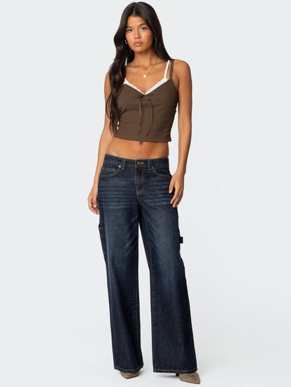 Fashionable Color Block Lace Overlay Cami with Bow Double Shoulder Straps