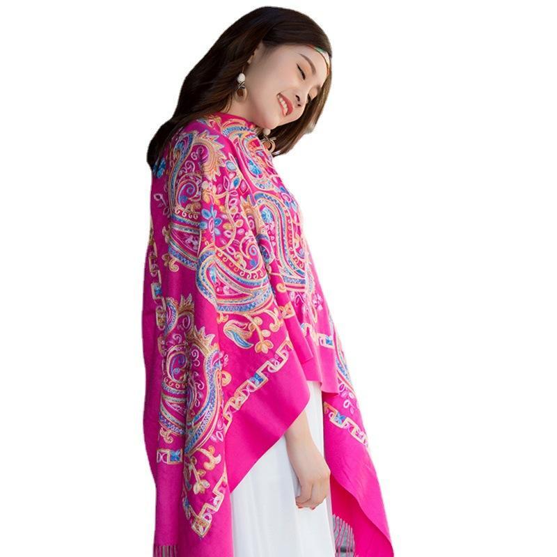 Tibetan And Nepal Embroidered Flower Imitation Cashmere Scarf For Women Outside With Sunscreen Air-Conditioning Shawl