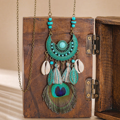 Fashionable Long Pendant Necklace with Geometric Design and Peacock Feather