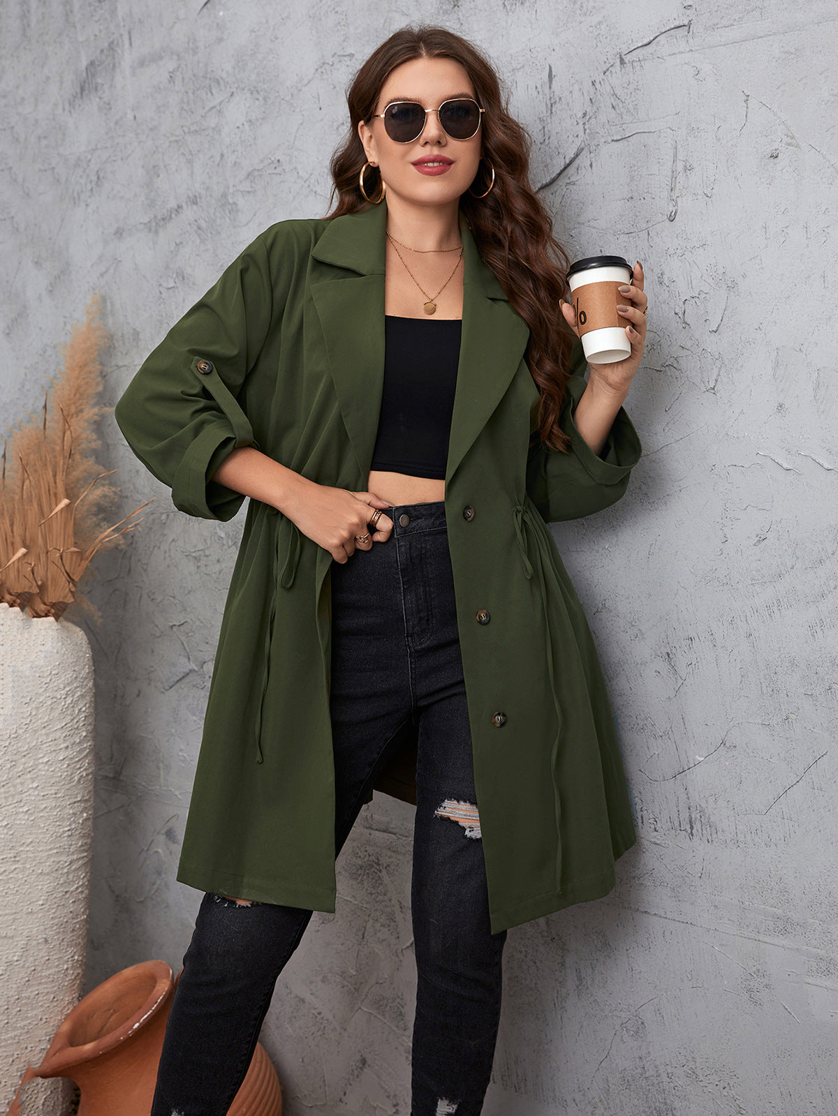 Chic Long Solid Color Blazer with Suit Lapel