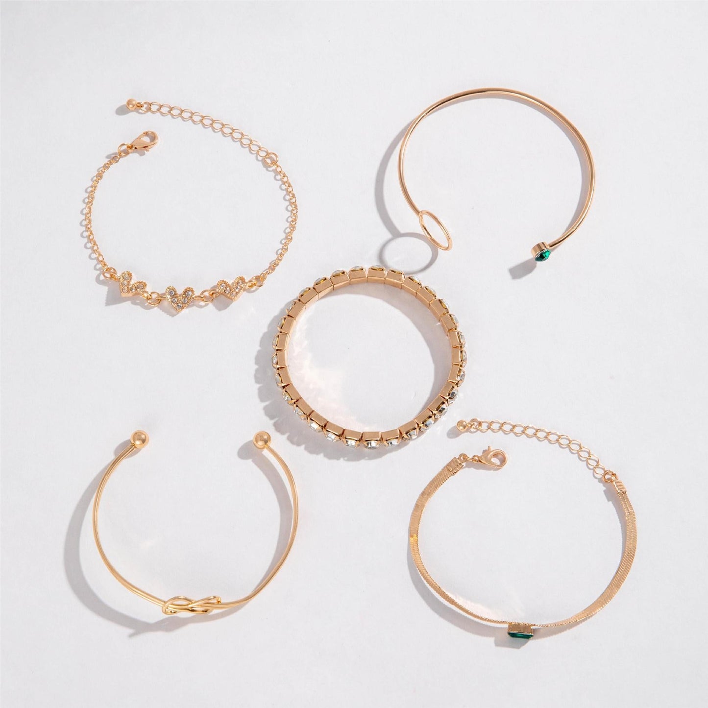 Heart-Shaped Emerald Gemstone Bracelet Set With Rhinestones