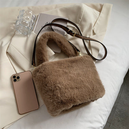 Trendy Plush Crossbody Bucket Bag Soft Casual Tote