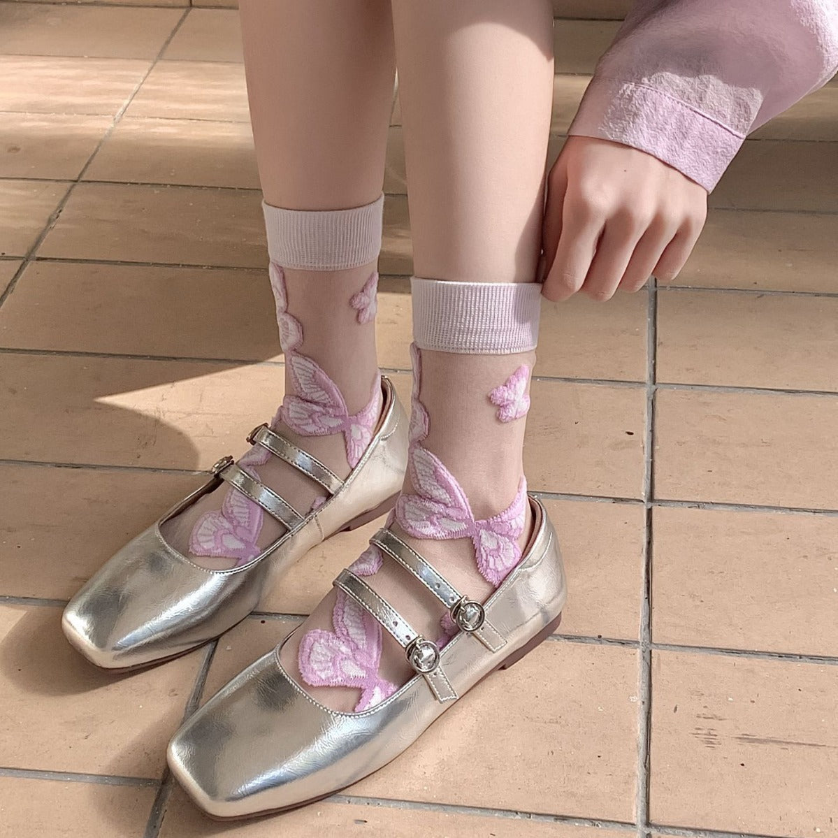 Rufia - Purple Butterfly Floral Sheer Socks