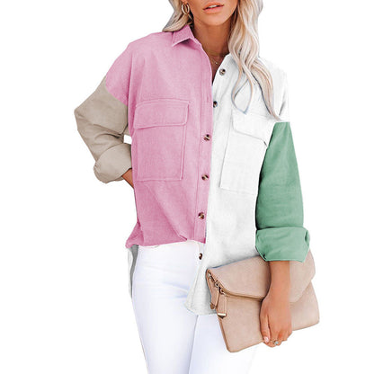 Contrast Corduroy-Breasted Loose Button Shirt