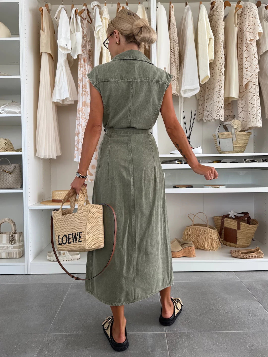 Casual Sleeveless Denim Dress With Belt