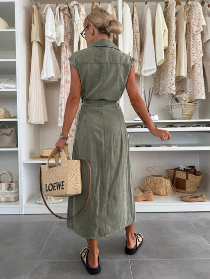 Casual Sleeveless Denim Dress With Belt