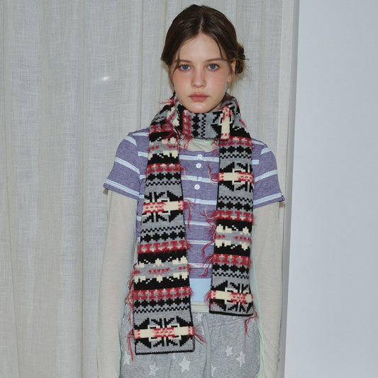 Retro Color Block Knit Scarf for Women