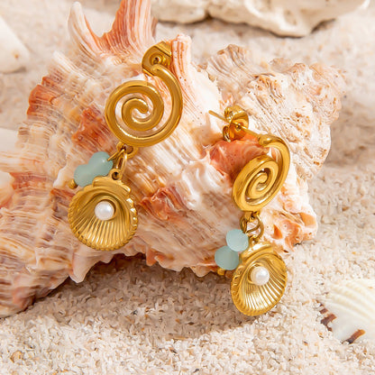 Ocean-Inspired Pearl Shell Pendant Earrings 18K Gold Titanium Steel