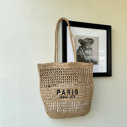 Letter Embroidery Straw Shoulder Bag Large Capacity Beach Tote