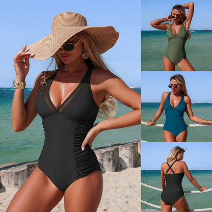 New Women'S One-Piece Swimsuit Mesh Panel Nylon