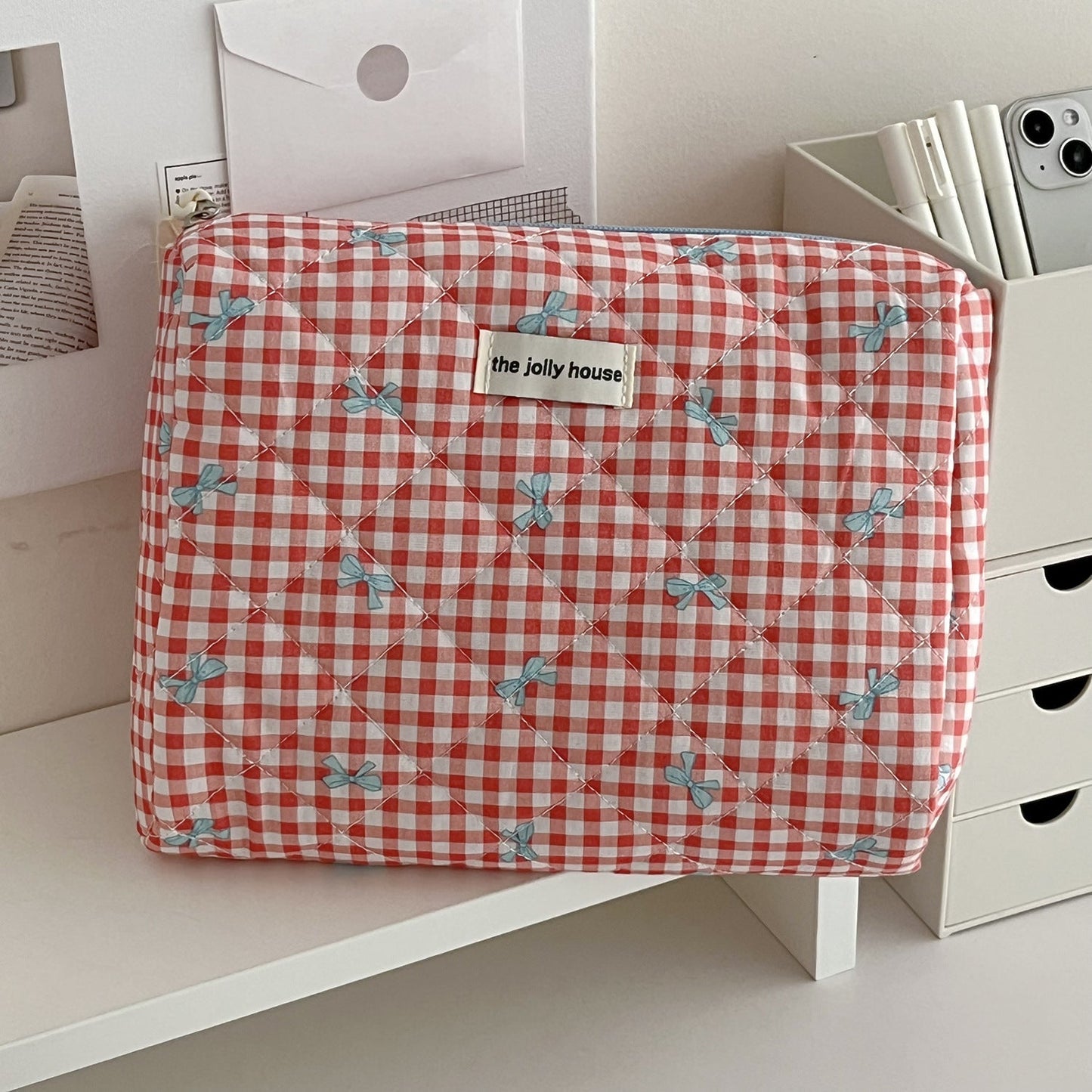 Large Capacity Plaid Bow Cosmetic Bag Retro Style