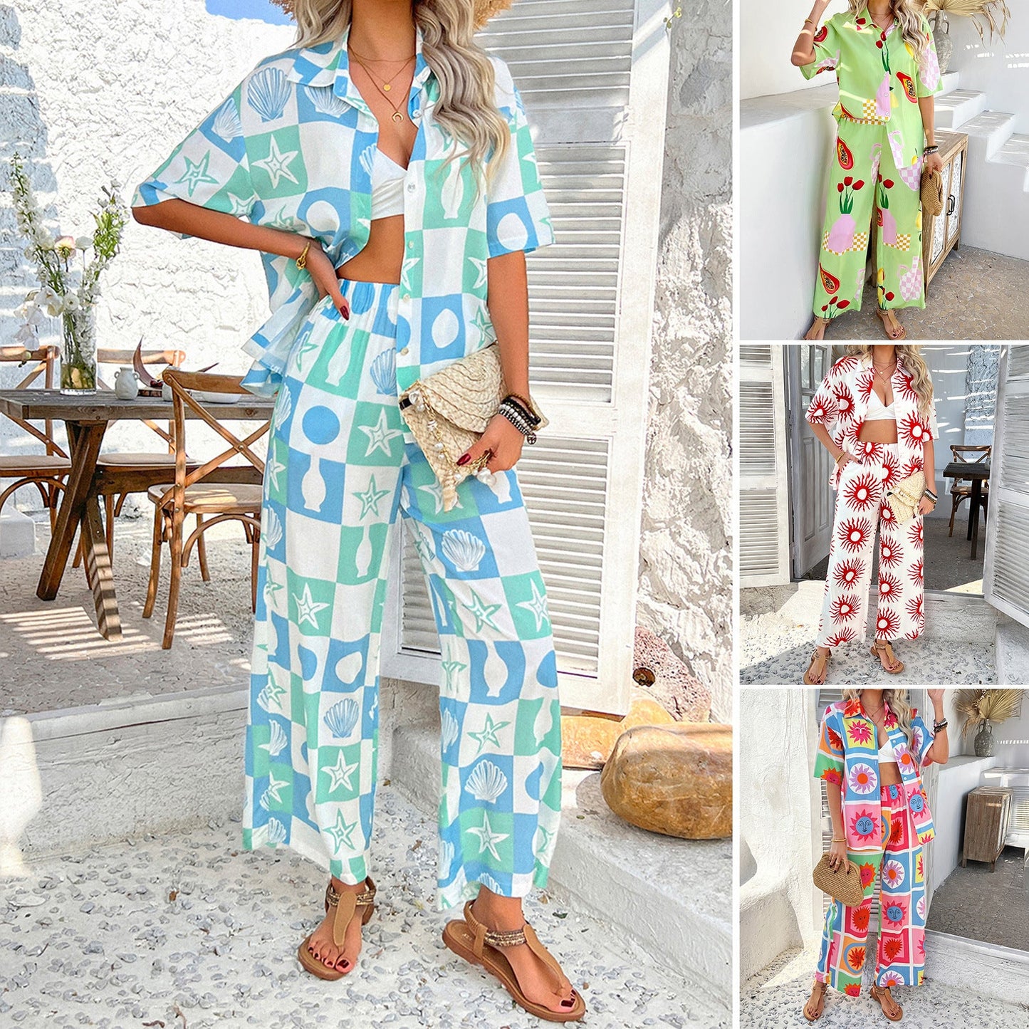 Casual Bohemian Color Block Print Wide Leg Pants Set