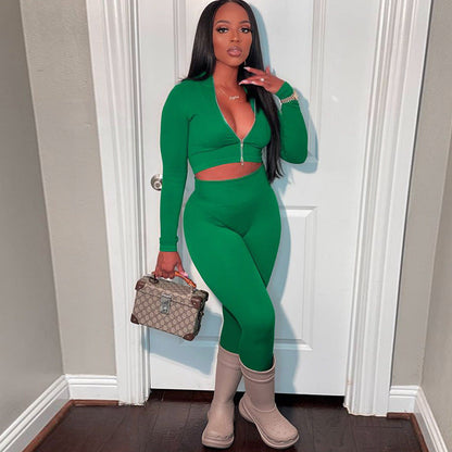 Solid Color Long Sleeve Zip Cropped Top And Pants Set