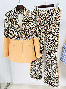 Trendy Color Block Blazer And Flared Pants Set