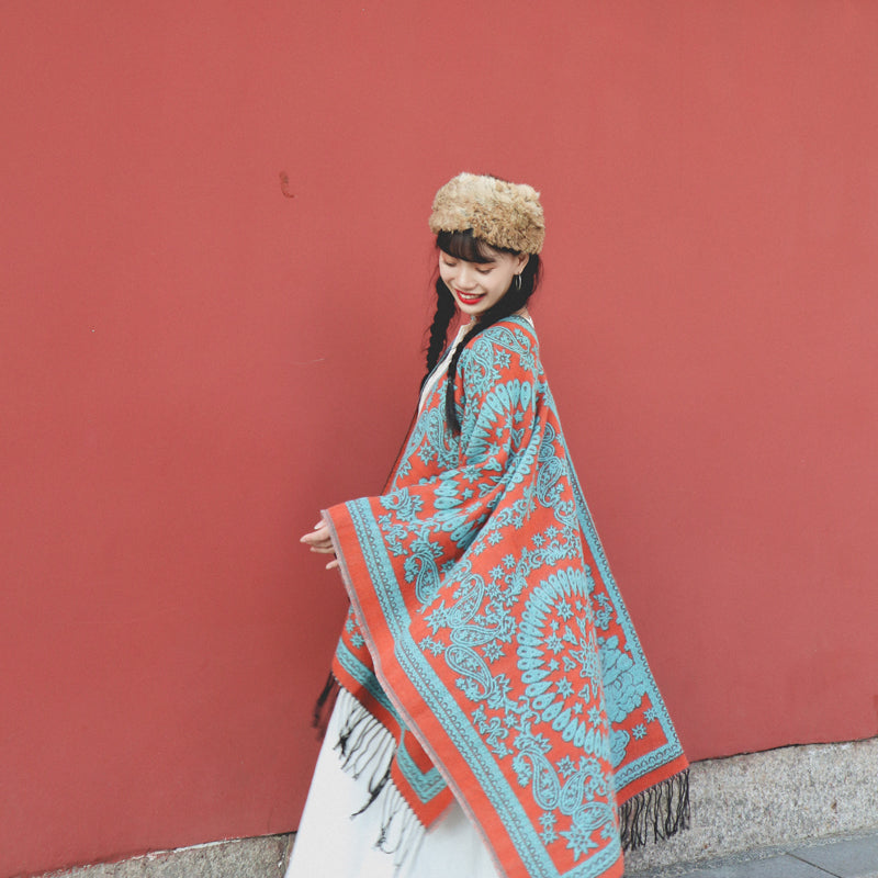 Tibetan Ethnic Totem Flower Big Shawl Retro Warm Scarf