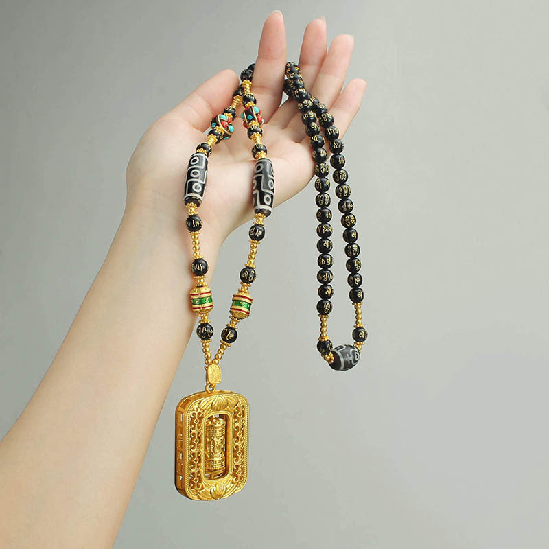 Sand Gold Pendant, Thangka With Chain, Removable Long Necklace, Six-Character Motto Agate Dzi Beads, High-End Retro Chain