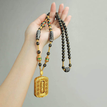Sand Gold Pendant, Thangka With Chain, Removable Long Necklace, Six-Character Motto Agate Dzi Beads, High-End Retro Chain