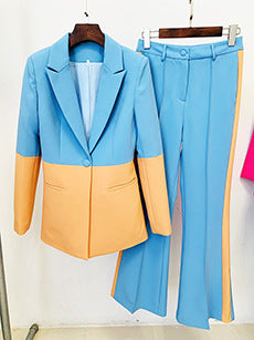 Trendy Color Block Blazer And Flared Pants Set