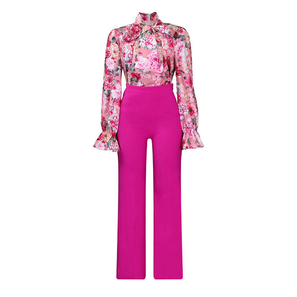 Casual Long Sleeve Floral Shirt And Wide Leg Pants Set