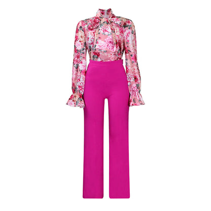 Casual Long Sleeve Floral Shirt And Wide Leg Pants Set