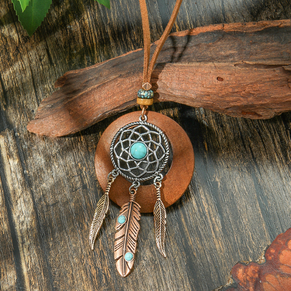 Bohemian Vintage Alloy Pendant Necklace With Spider Web Dreamcatcher