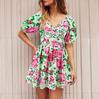 Women‘S Wear Summer New V-Neck Printed Beach Lantern Sleeve Short Dress
